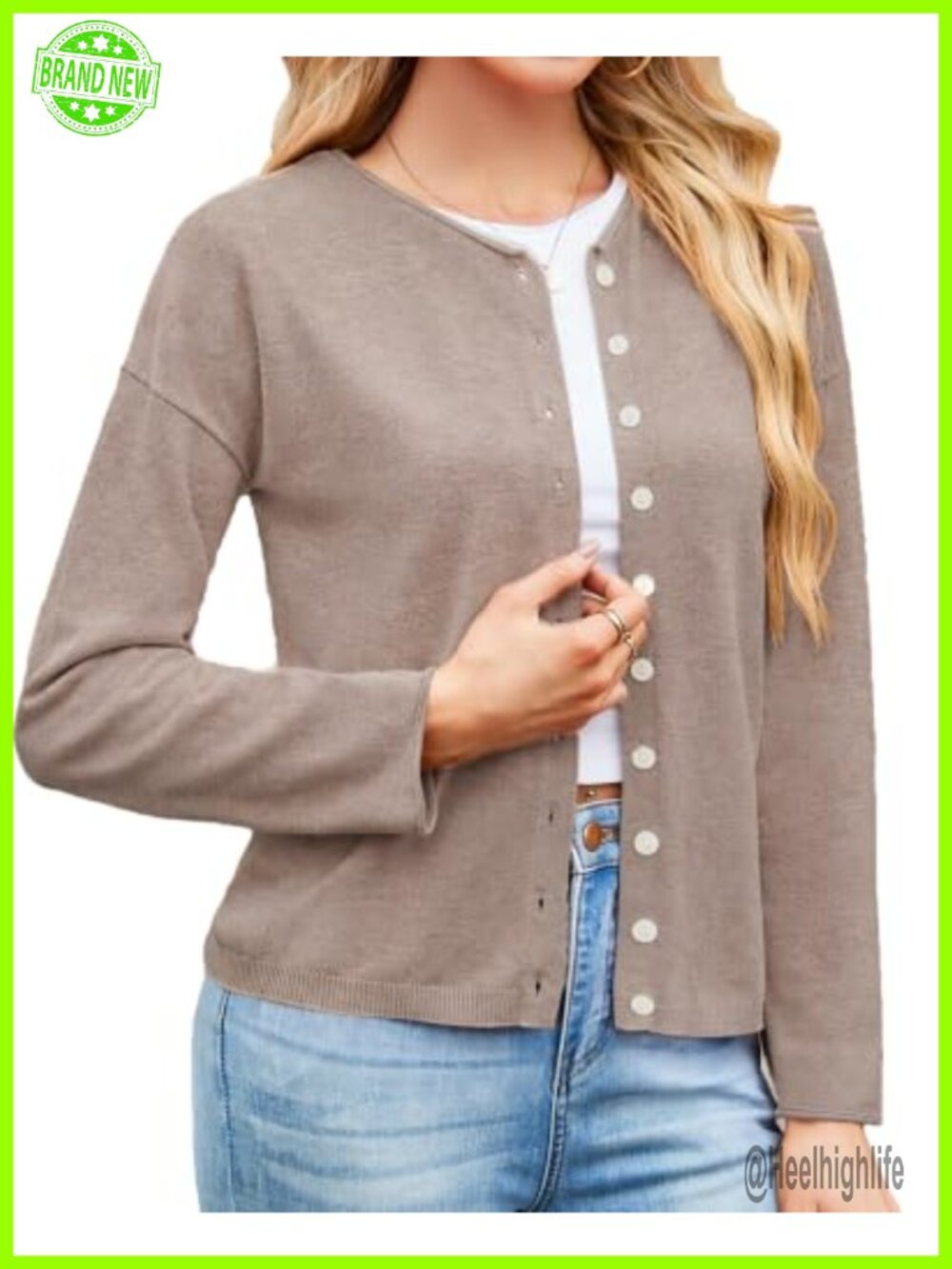 Women's Button Up Cardigan Sweater Loose Knit Crew Neck Long Sleeve